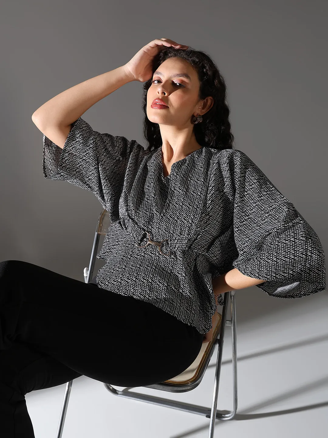 Women Black Printed Extended Sleeves Crepe Top