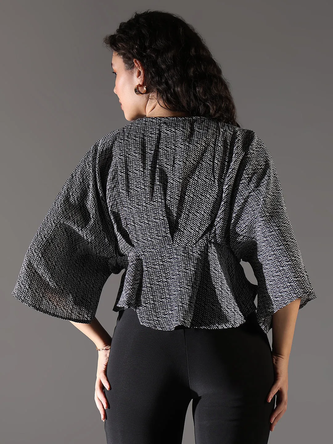 Women Black Printed Extended Sleeves Crepe Top