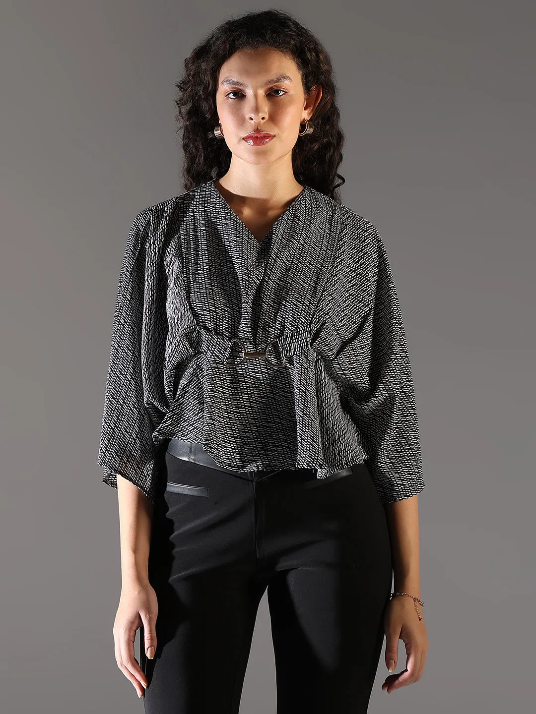 Women Black Printed Extended Sleeves Crepe Top