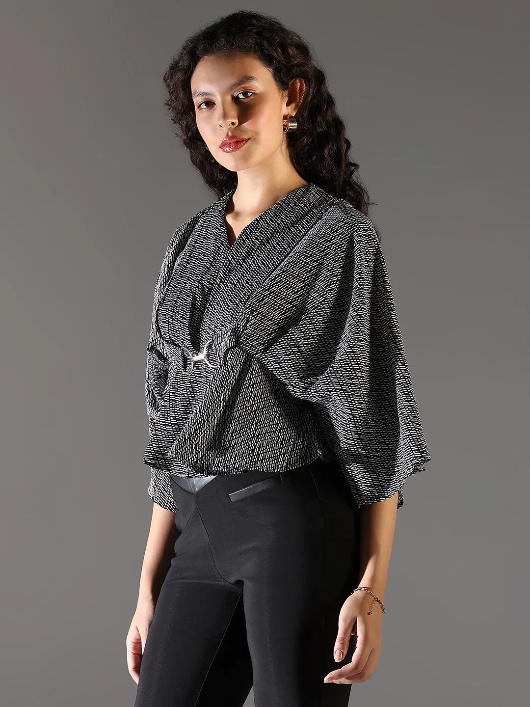 Women Black Printed Extended Sleeves Crepe Top