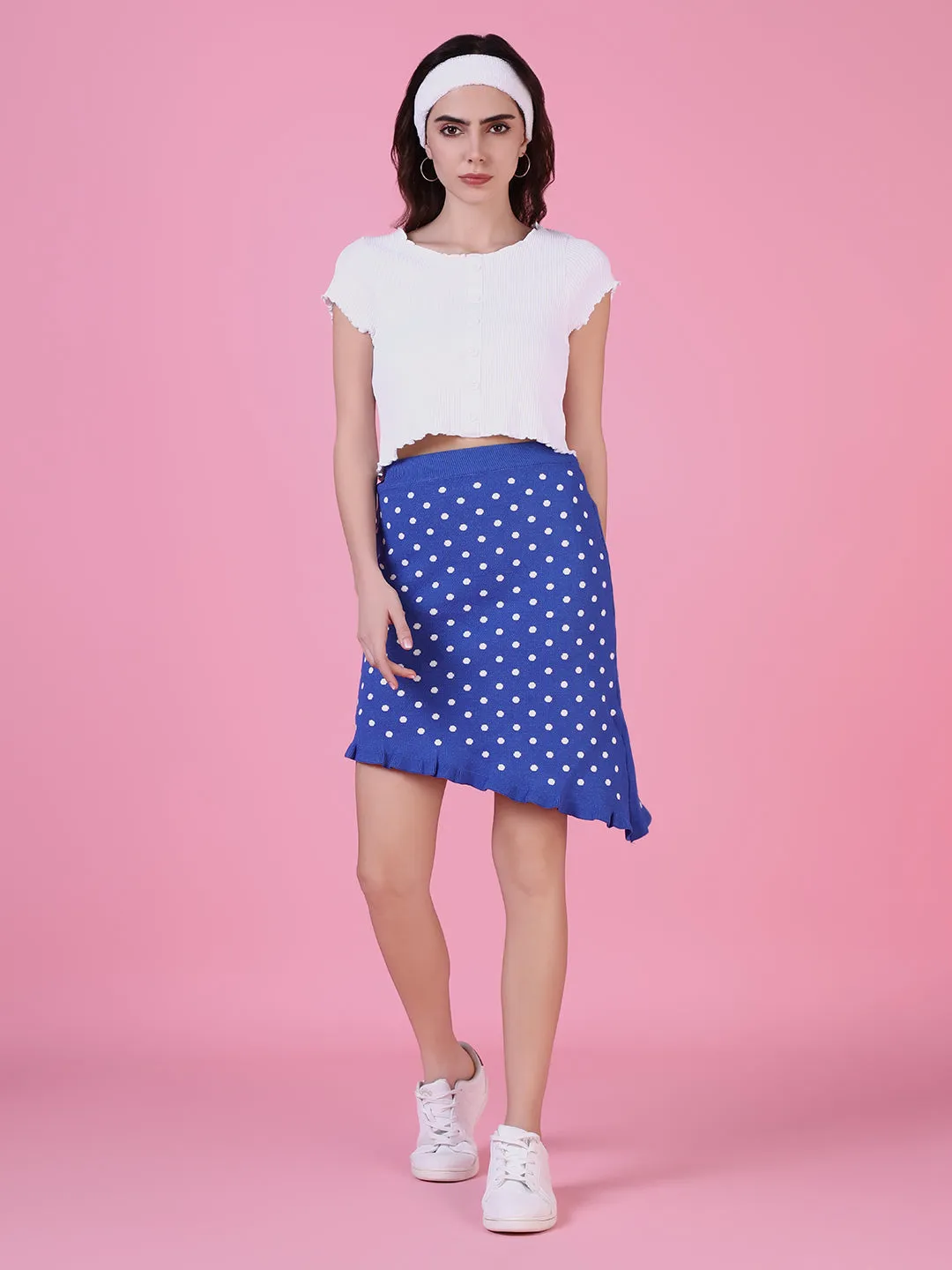 Women Blue Printed Knee Length High-Low hem A-Line Skirts