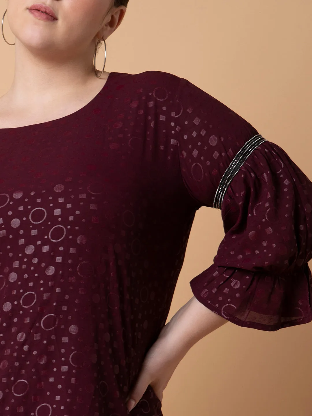 Women Burgundy Bell Sleeve Georgette Top